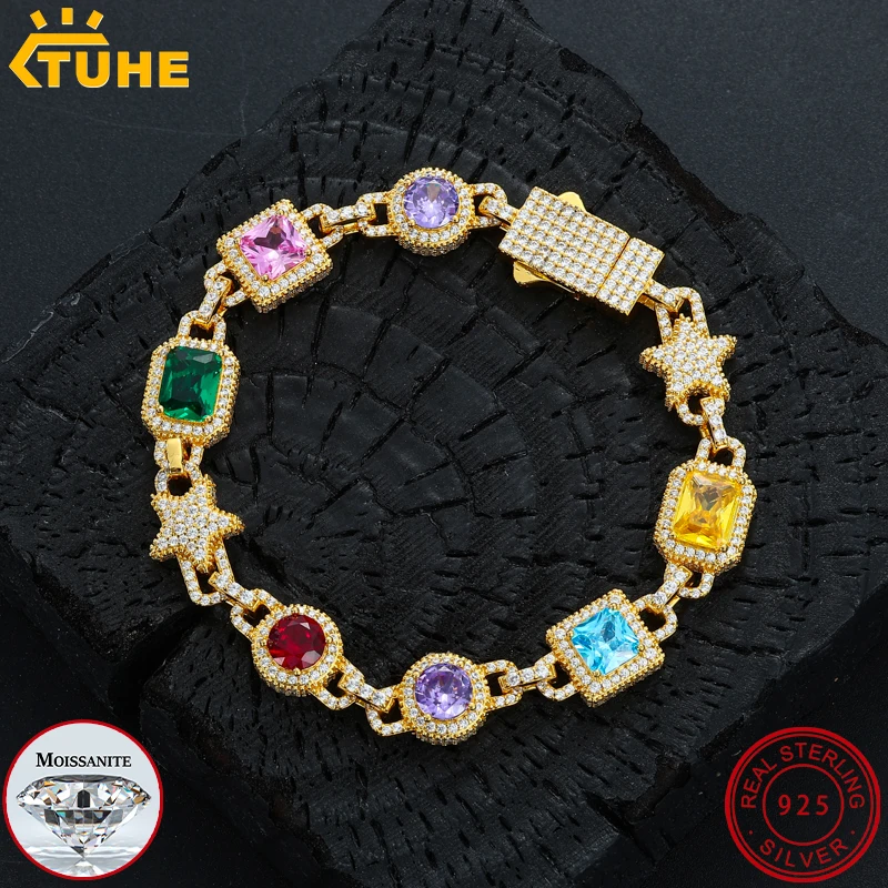 

Unisex New Moissanite Colorful Star Bracelet for Women Men Solid 925 Silver Bracelets Charms Hip Hop Necklace Colorful Jewelry