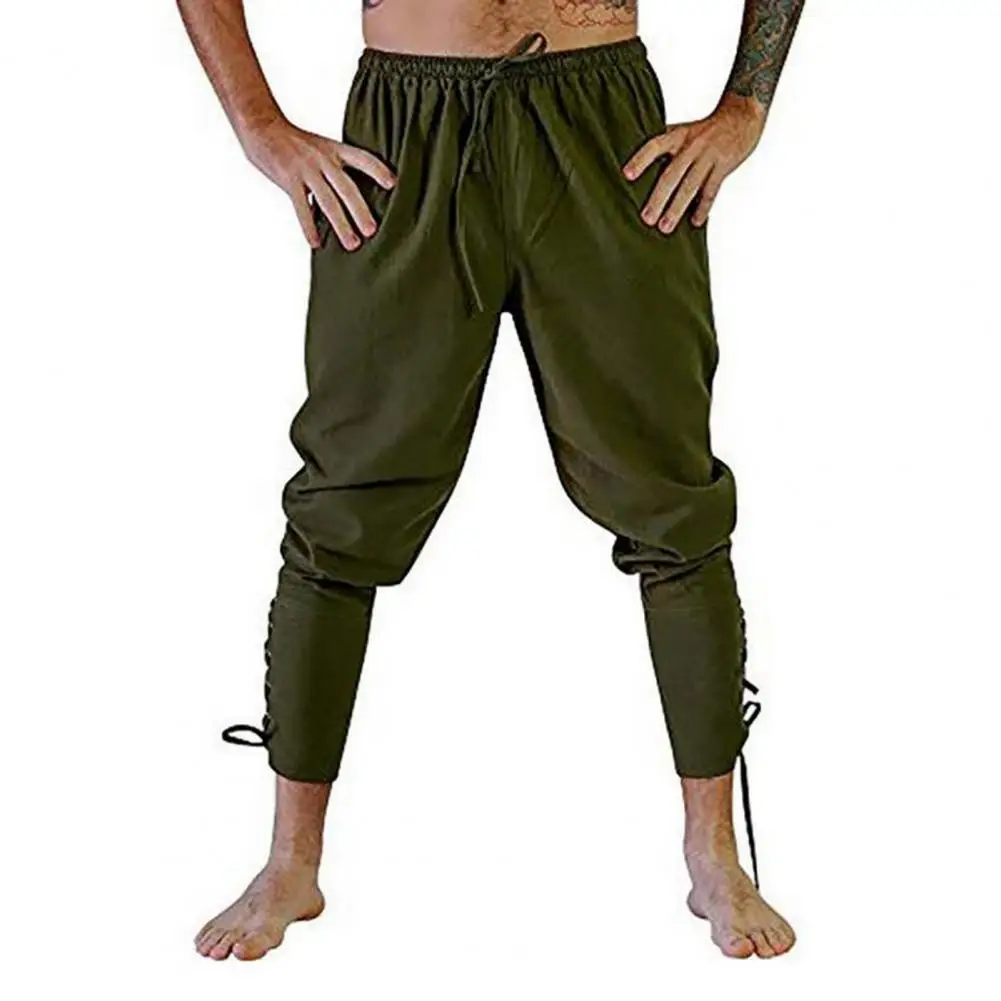 

Men Trousers Medieval Pirate Men's Ankle-banded Lace-up Pants with Elastic Waist Pleated Loose Design for Cosplay Performance