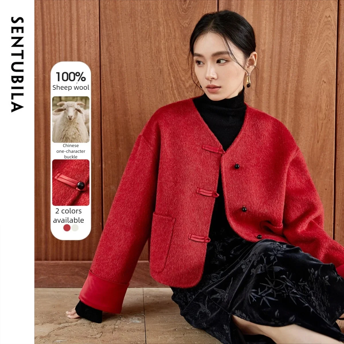 SENTUBILA Modern Chinese-Style Wool Coat Women 2026 Winter Commute Jackets V-neck Single Breasted Female Outerwear W44O56127