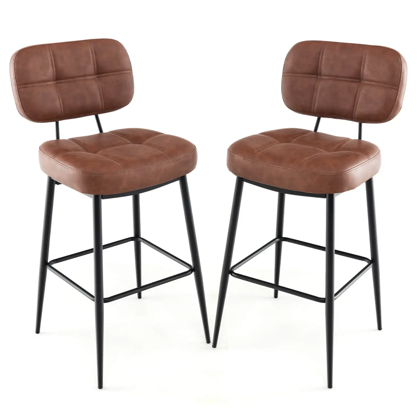 Set of 2 Bar Stools w/ Padded Seat Footrest & Metal Legs PU Leather for Kitchen