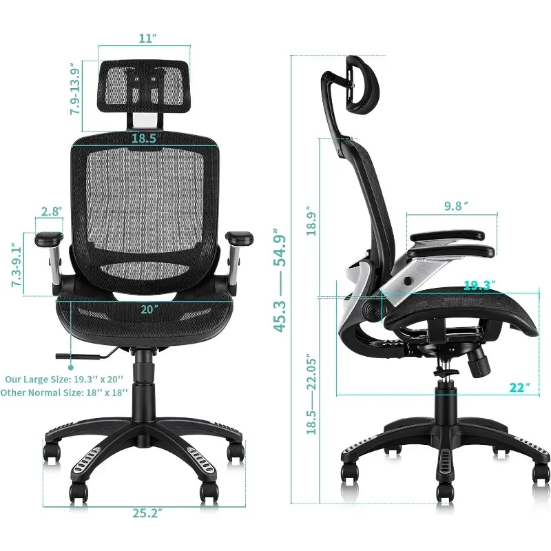 Silla de oficina de malla ergonómica, silla de escritorio de espalda alta, reposacabezas ajustable con brazos abatibles