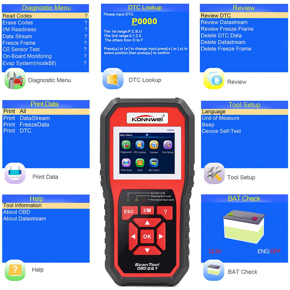 KONNWEI KW850 Car Diagnostic Tool Auto Scanner OBD2 Check Engine Full OBD 2 Function Battery Test Code Read Data pk AL519 NT301