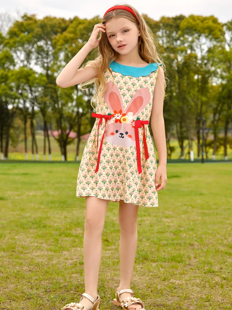 Girl Doll Dress Summer Floral Print and Rabbit Pattern Tank Dress