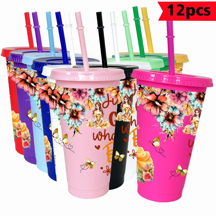 

12 шт./упак. цветы Диснея, бабочки, 26 унций, многоцветная пластиковая чашка для воды, вечерние посуда для напитков, подарки на день рождения/сверху в школу