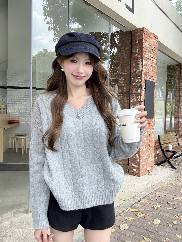 

Korean Sle Thiened Soft Lazy V-Ne Twisted Sweater Women's Trendy Knitted Top Casual Loose Fit Long Sve Warmth