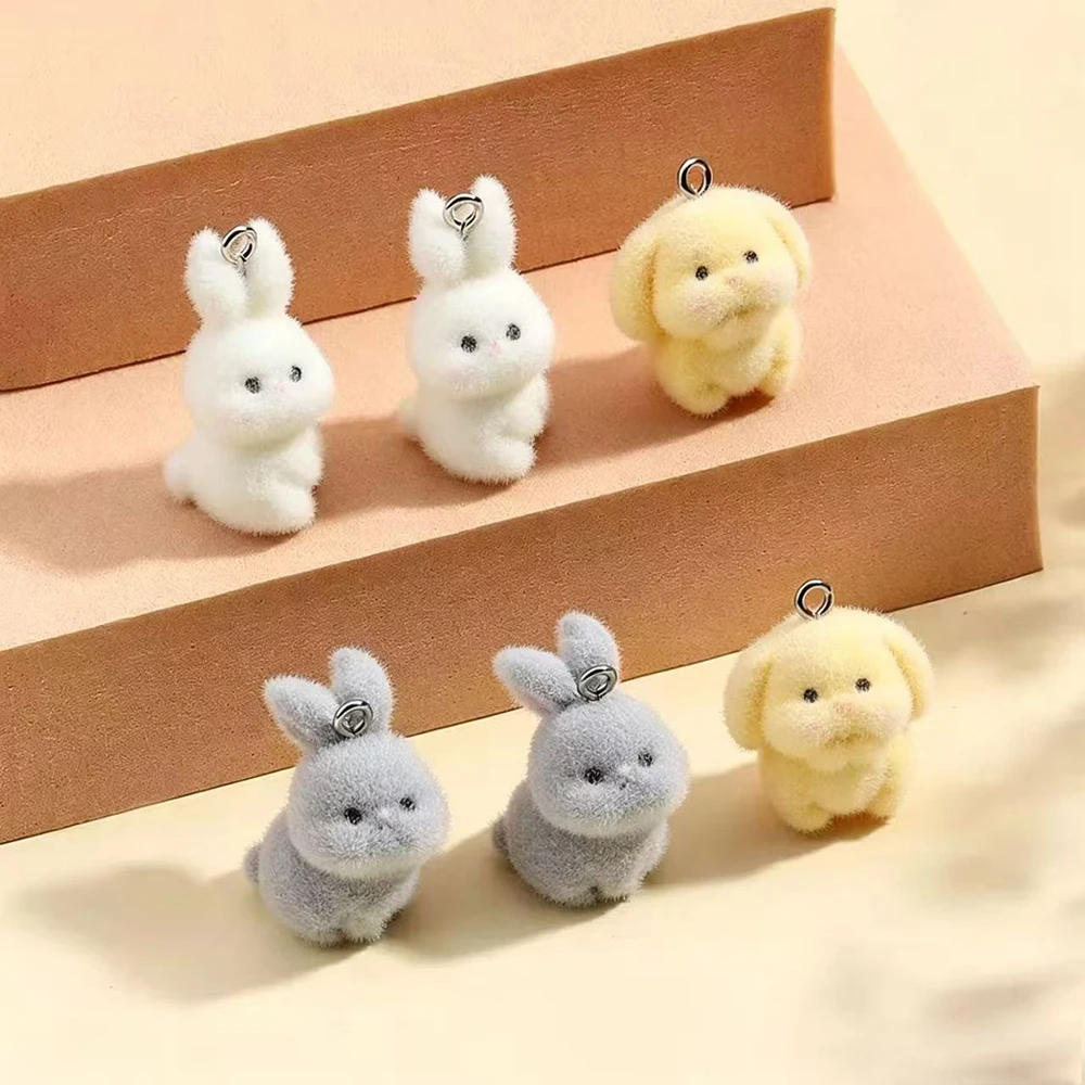 10pcs Flocking Little Rabbit Resin Charms Animal Pendant DIY Phone Chains Keychain Earring Accessory for Jewelry Making Findings