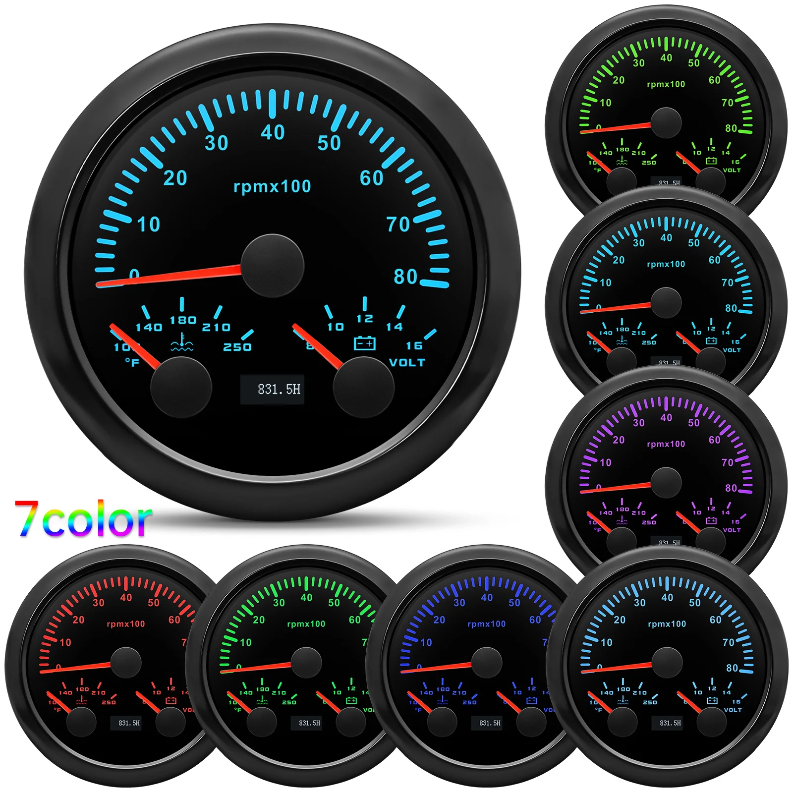 3 in 1 85MM Car Gauge Tachometer+Water Temperature+Voltmeter 7 Colors Backlight Universal for 12V Car Boat Marine Motorcycle