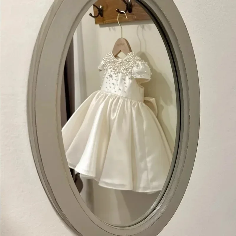 Custom White Pearl Embellished Satin Flower Girl Dress First Christmas Dress Wedding Party Gown for Girls فساتين اطفا image 3