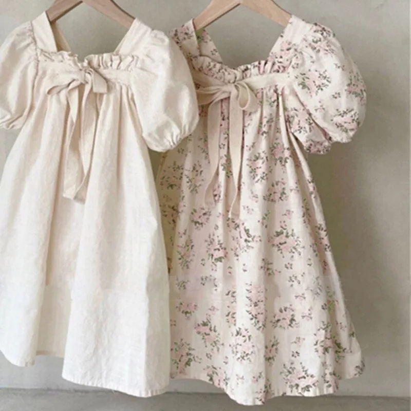 Dresses Korean version of new summer dress girls' baby bow bubble sleeve sweet floral square neck dress