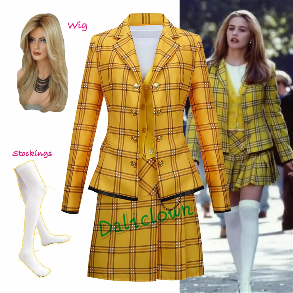 

Фильм Clueless Cher Horowitz, наряд для косплея, школьная форма для девочек, куртка, юбка, костюм, парик, косплей, костюм на Хэллоуин, женский костюм