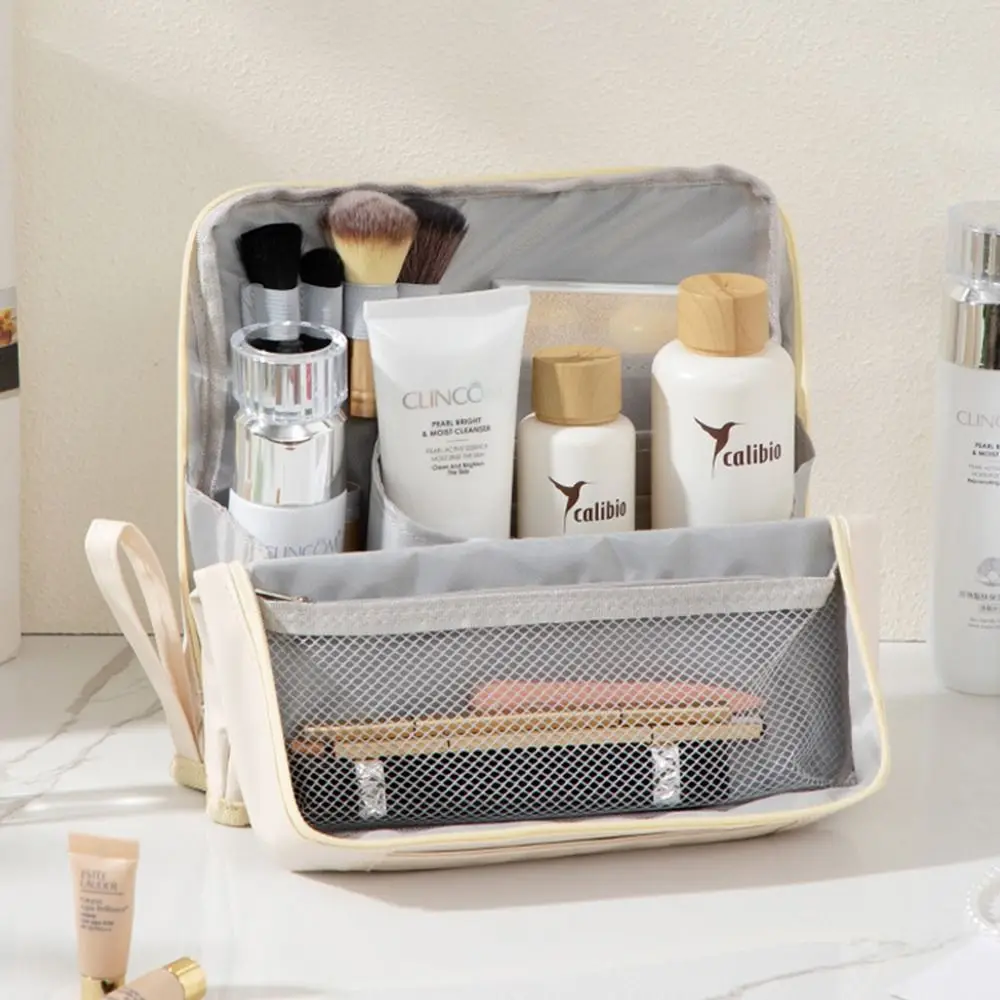 PU Vertical Makeup Bag Large Capacity Multi-Compartment Skincare Storage Bag Portable Standable Makeup Brush Storage Pocket