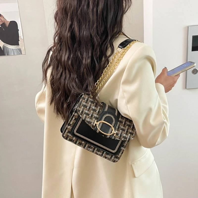 Chic Mini Plaid Tweed Crossbody Bag with Adjustable Strap, Fashionable Buckle Closure - Available in Cream, Green, Blue, Black view 6