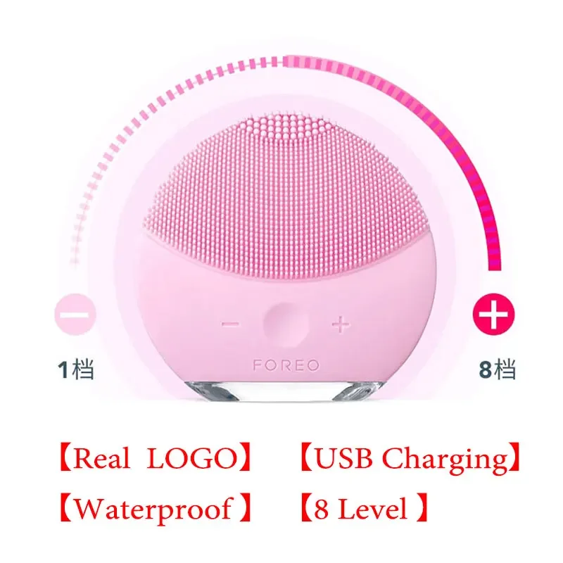 Foreo mini2 cepillo de limpieza facial de silicona, logotipo real, carga USB, resistente al agua, nivel 8