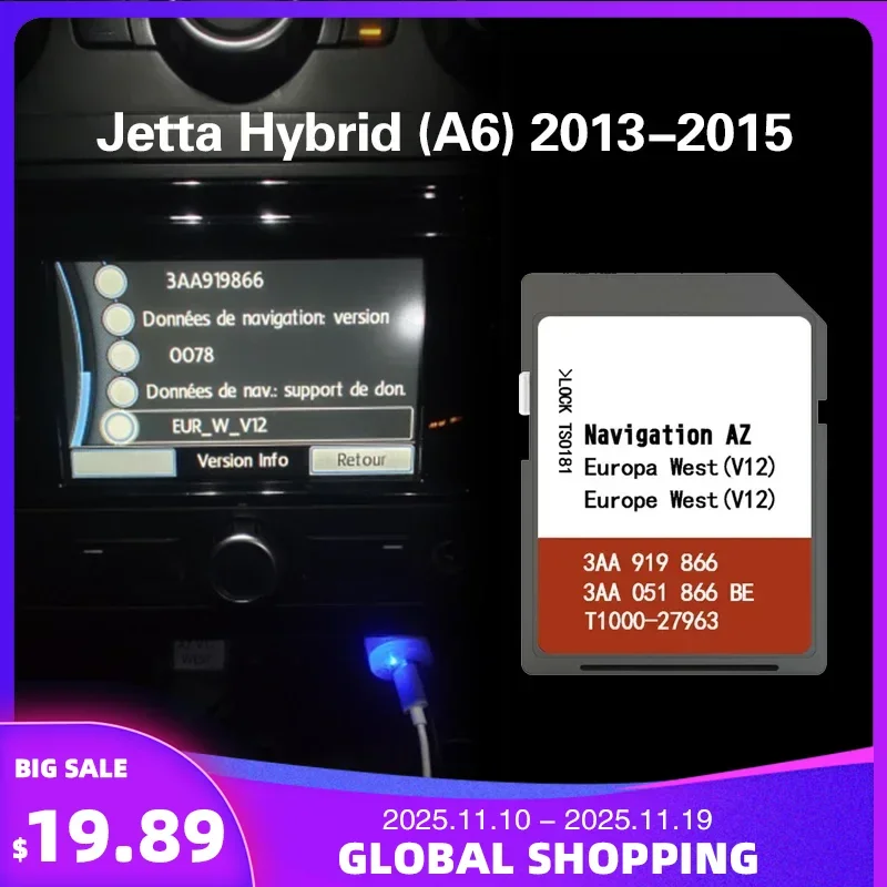 

Sat Nav AZ V12 for VW Jetta Hybrid (A6) 2013-2015 Sweden Spain RNS315 WEST Map 8GB Card
