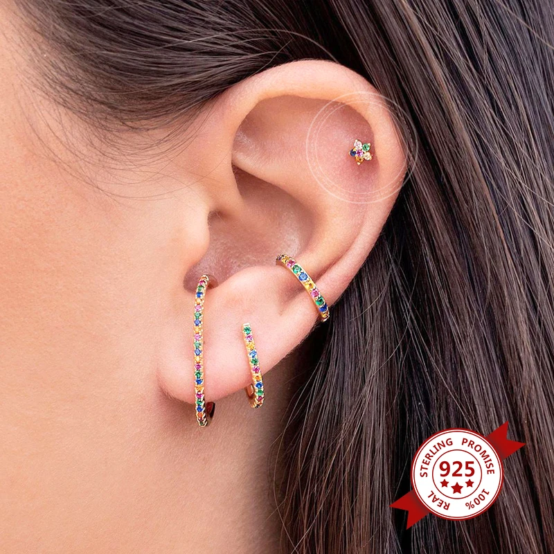 925 Sterling Silver Needle Colorful Pentagram Mini Stud Earrings for Women Green/Pink/Purple/Blue Crystal Earrings Wedding Jewel