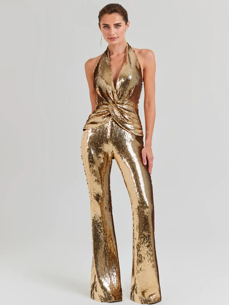 Frauen Sexy Backless Ärmellose Overalls Luxus Gold Pailletten Design Mode Party Ein Stück Weibliche Kleidung