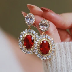 Huitan Aesthetic Gold Color Red CZ Hanging Earrings for Women Full Bling Iced Out Wedding Party Luxury Accessories Trend Jewelry