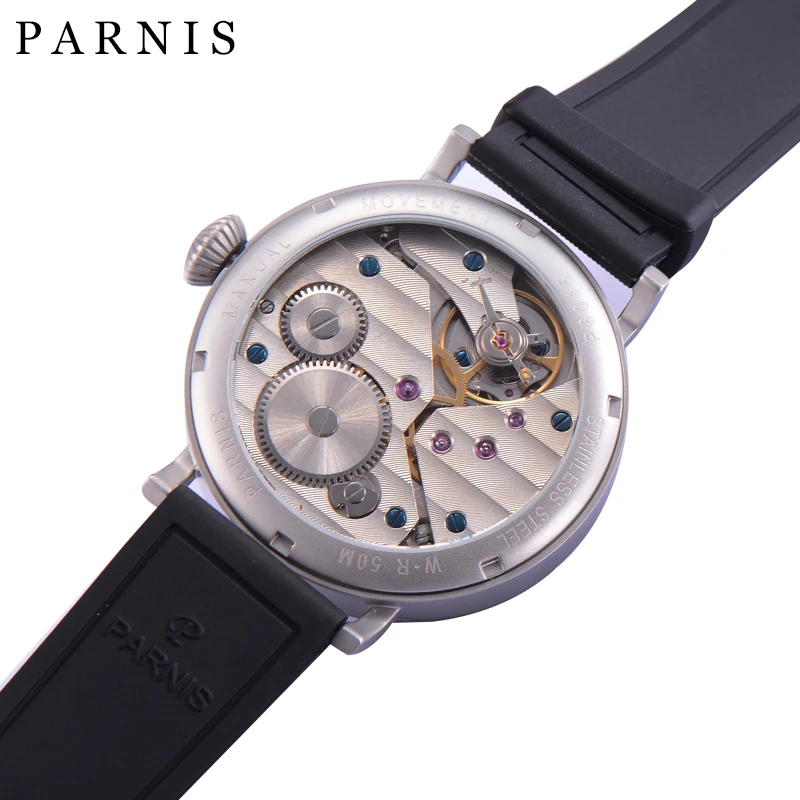 Parnis 46mm Silver Case Hand Winding Luminous Mark Men\'s Causal Watch Stainless Steel Case Small Second Men Watch Leather Strap