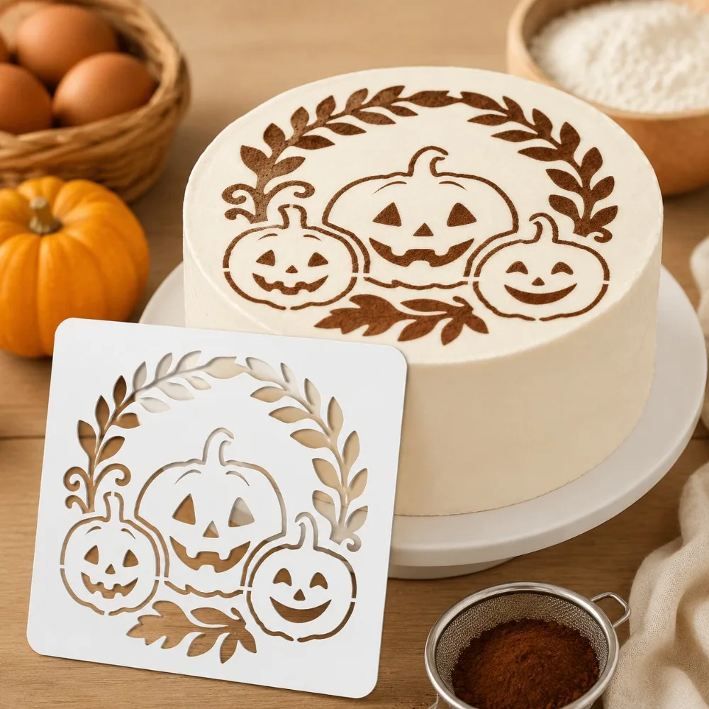 1Pcs Halloween Pumpkin Wreath Cake Stencil, Food‑Grade PET Hollow Template For Cookie Fondant Dessert Decor