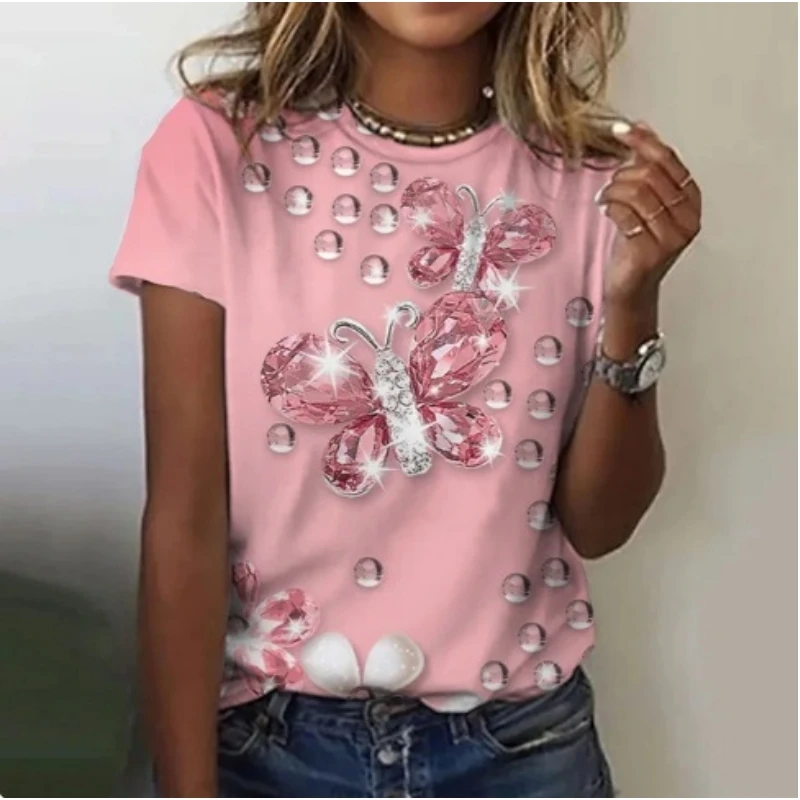 2024 New Women\'s 3D Printed Round Neck Pullover Short Sleeve T-shirt Women\'s Fashion Top Trendy Street Love T-shirt Short Sleeve