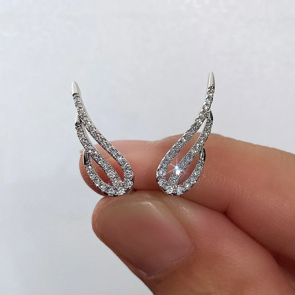 Korea Personality Full Inlay Zircon Angel Wing Ear Climber Stud Earrings for Women Silver Color Curved Ear Crawler Party Jewelry
