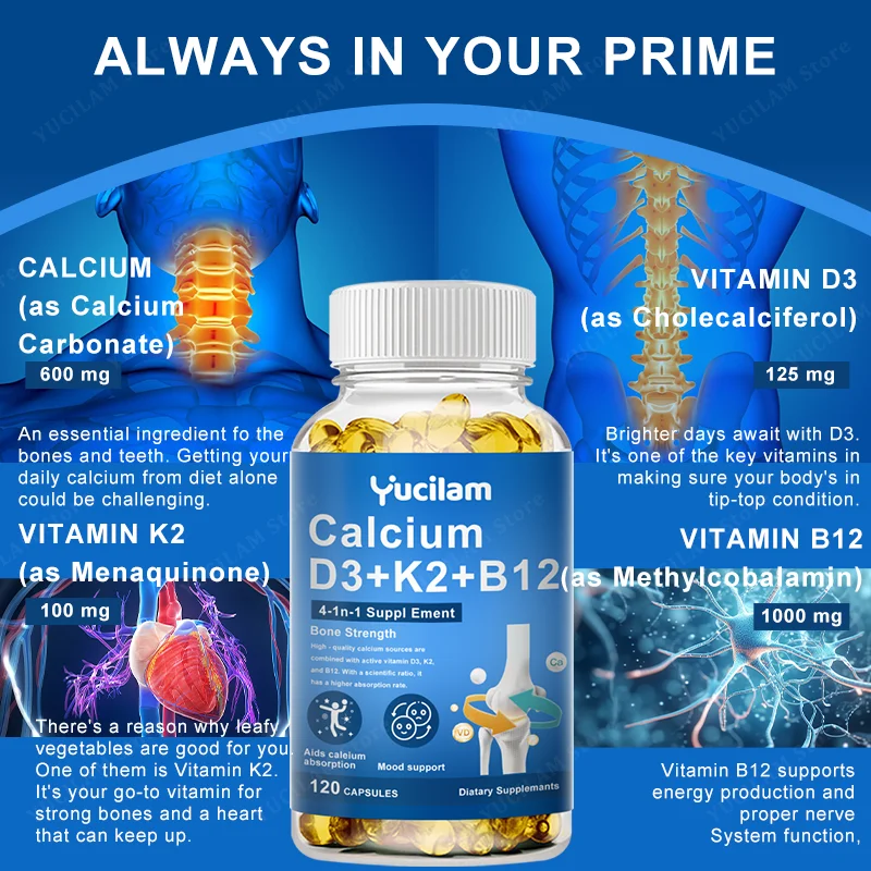 Vitamin D3 + K2 + B12 Calcium Capsule Daily Vitamin Supplement Supports Healthy Bones & Muscles & Heart & Energy & Mood Function