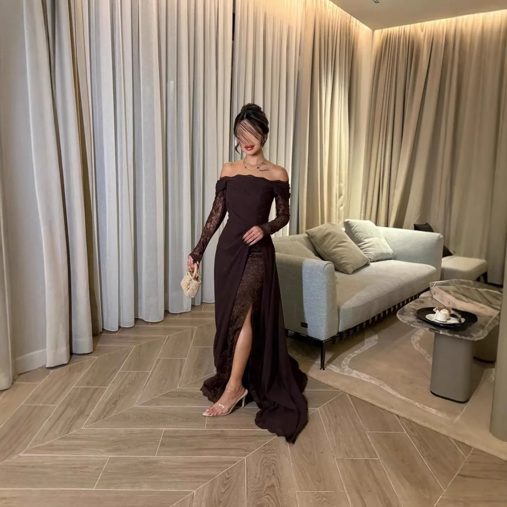 

Long Dress Elegant Solid Color Dress Sexy Lace Off Shoulder Women's Party Dress New 2026 Spring High Waisted Pleated Split