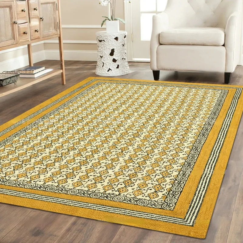 Area Rugs Natural Jute Weave Living Room Yellow Hand Block Print Yoga Mat 5x8FT