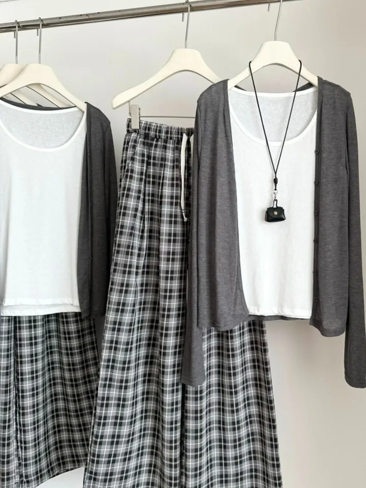 طقم نسائي محبوك غير رسمي على الطراز الكوري بأكمام طويلة ملابس داخلية بدون أكمام سترة خارجية بأكمام طويلة سترة محبوكة معطف منق...