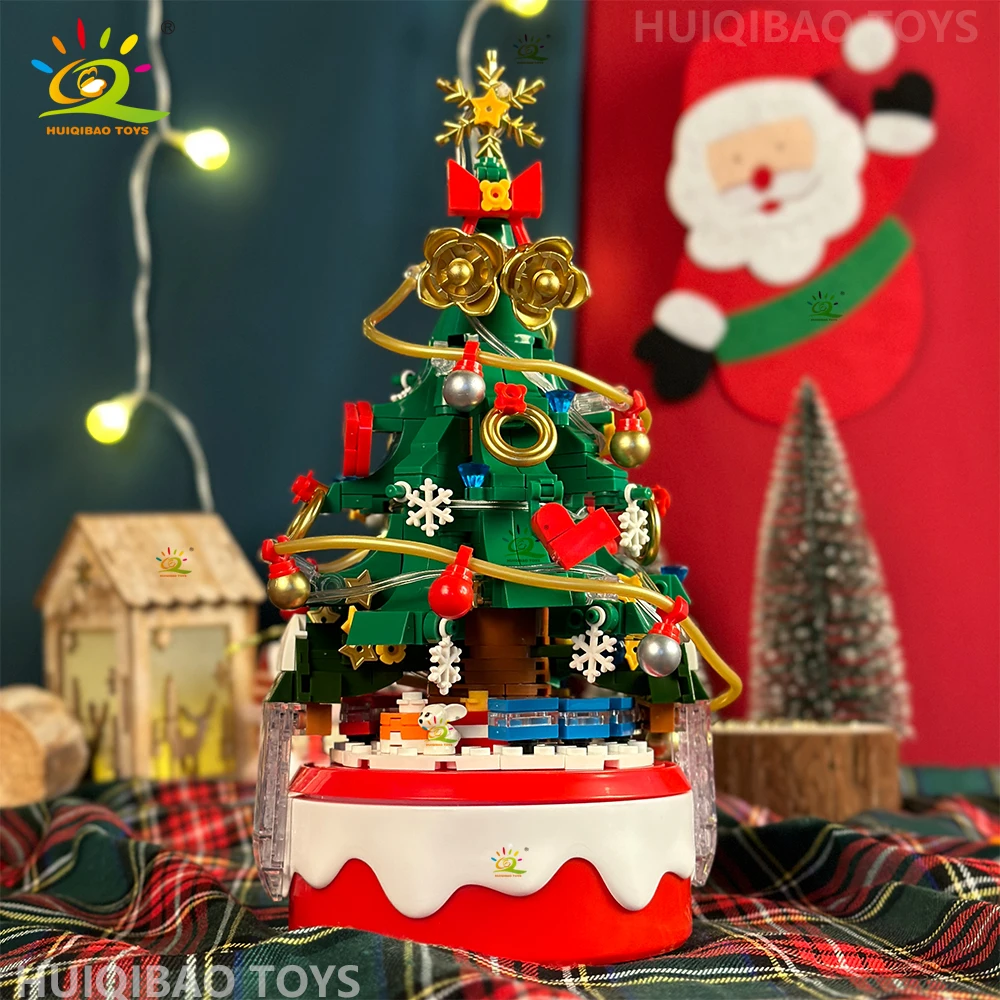 HUIQIBAO Mini Christmas Tree Santa Claus Music Box Model Micro Bricks Building Block DIY Bricks Toys for Adult New Year Gift