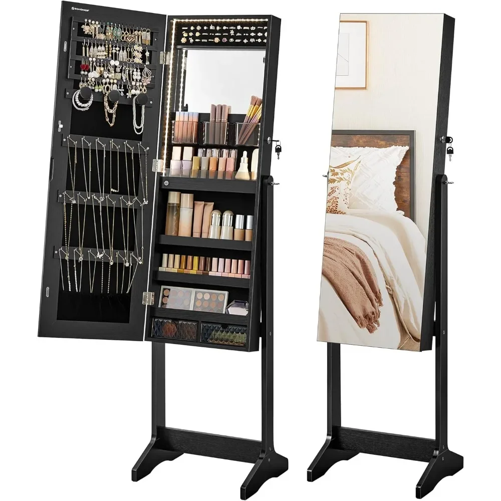 Mirror Jewelry Cabinet Standing Armoire Organizer, Jewelry Storage with Full-Length Frameless LED Lights