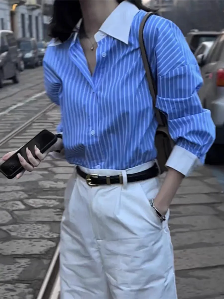 

Blue Striped Long Sve irt Women's Early Spring Inner Wear Layering Small Size Collar irt Profional Commuting Person...