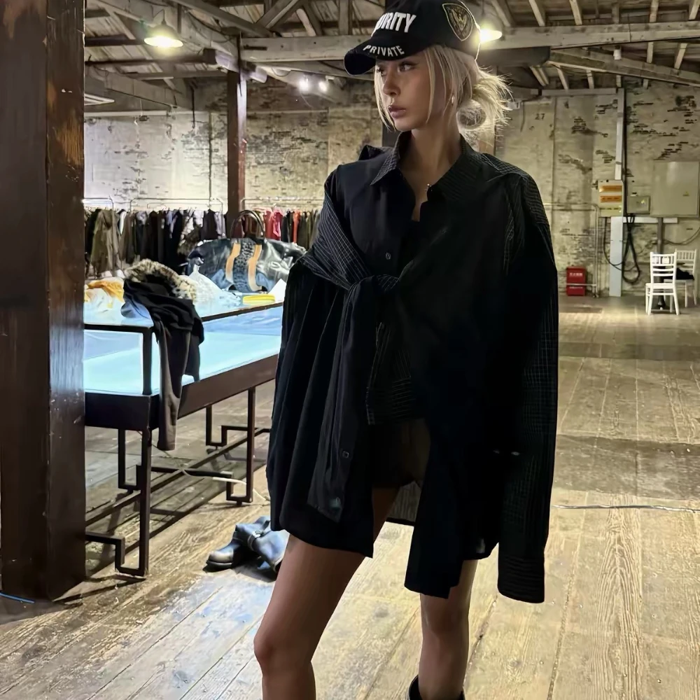 Grailz PROJECT G/R Two-piece Embroidered Small Letters Patchwork Four-Sleeve Loose Check Collar Shirt Protocol Index