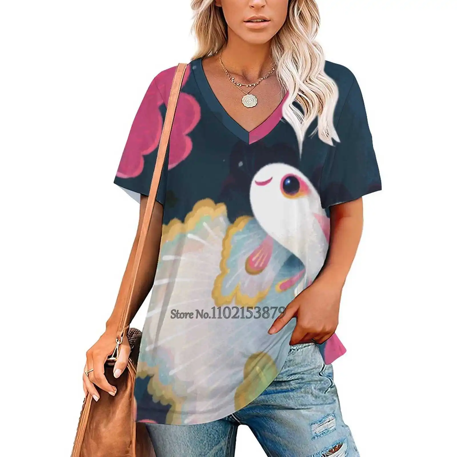 Flower Guppy Woman Tshirts Printed Tops Zipper V-Neck Top Fashion Graphic T Shirt Guppy Fish Tropical Fish Animal Fresh Water