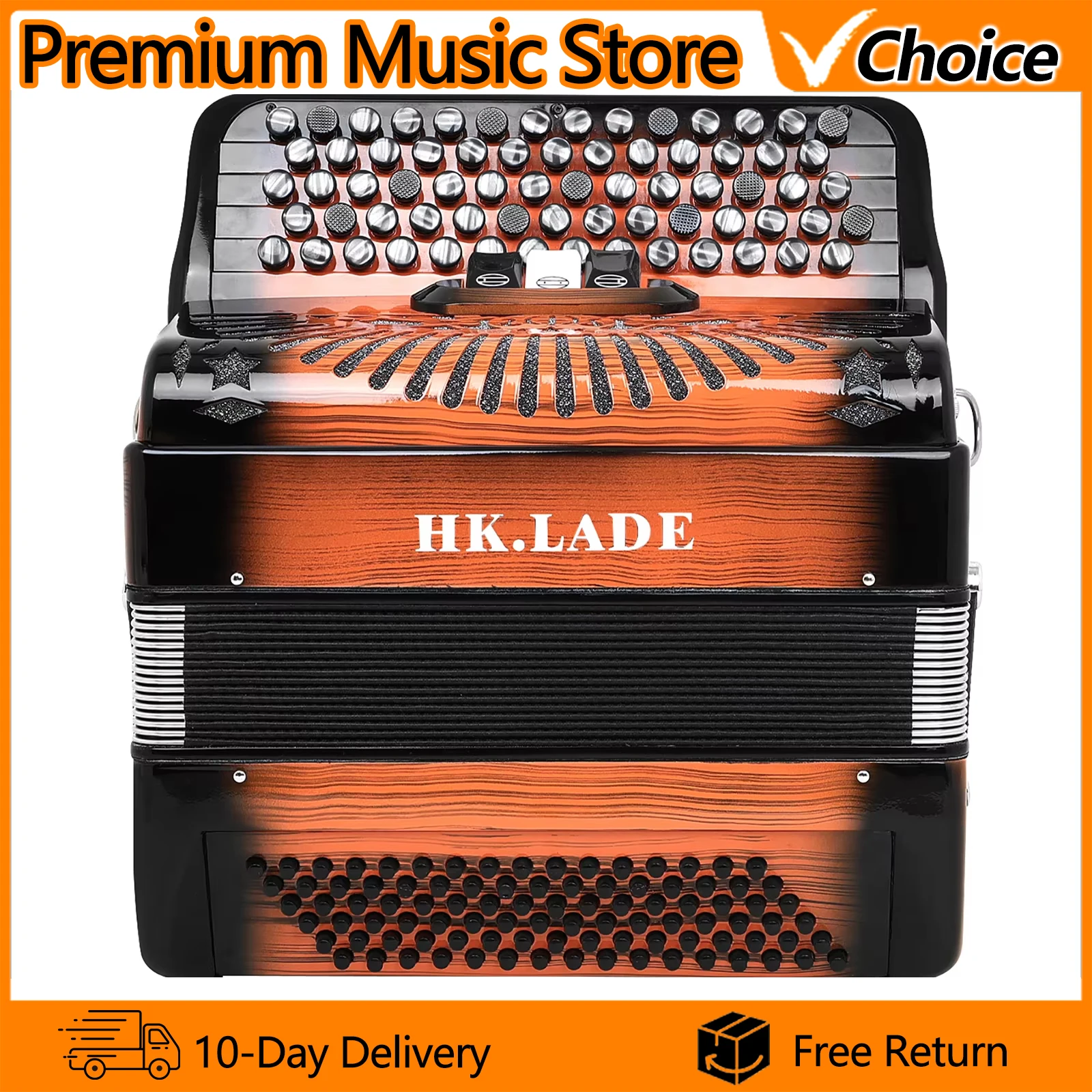 HK-LADE AH-260 96-Bass Professional Bayan Accordion 69-Key Orange Spray Paint Tone Complete Accessories Kit for Advanced Players