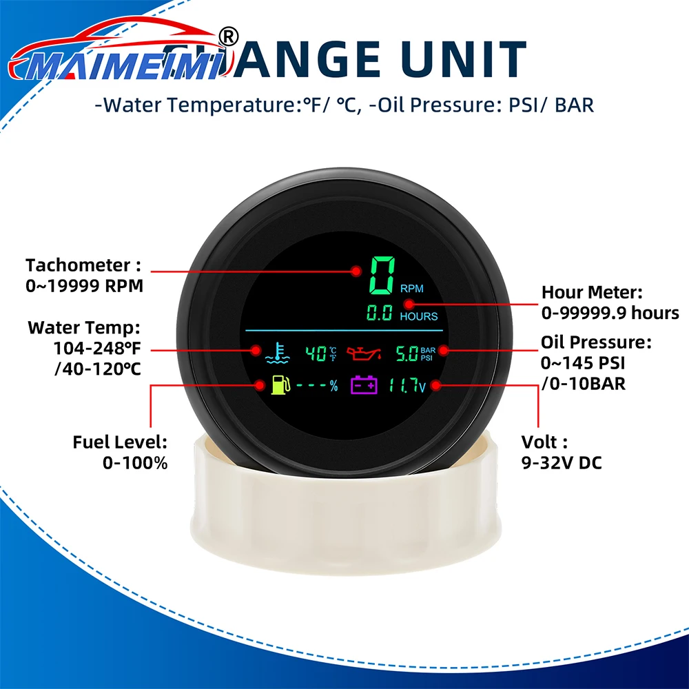 

﻿ 0-19999RPM Tachometer with Hourmeter+ Water Temp +Fuel Level+Oil Pressure+Voltmeter 12V24V Multi-Function Car Gauge 6 in 1