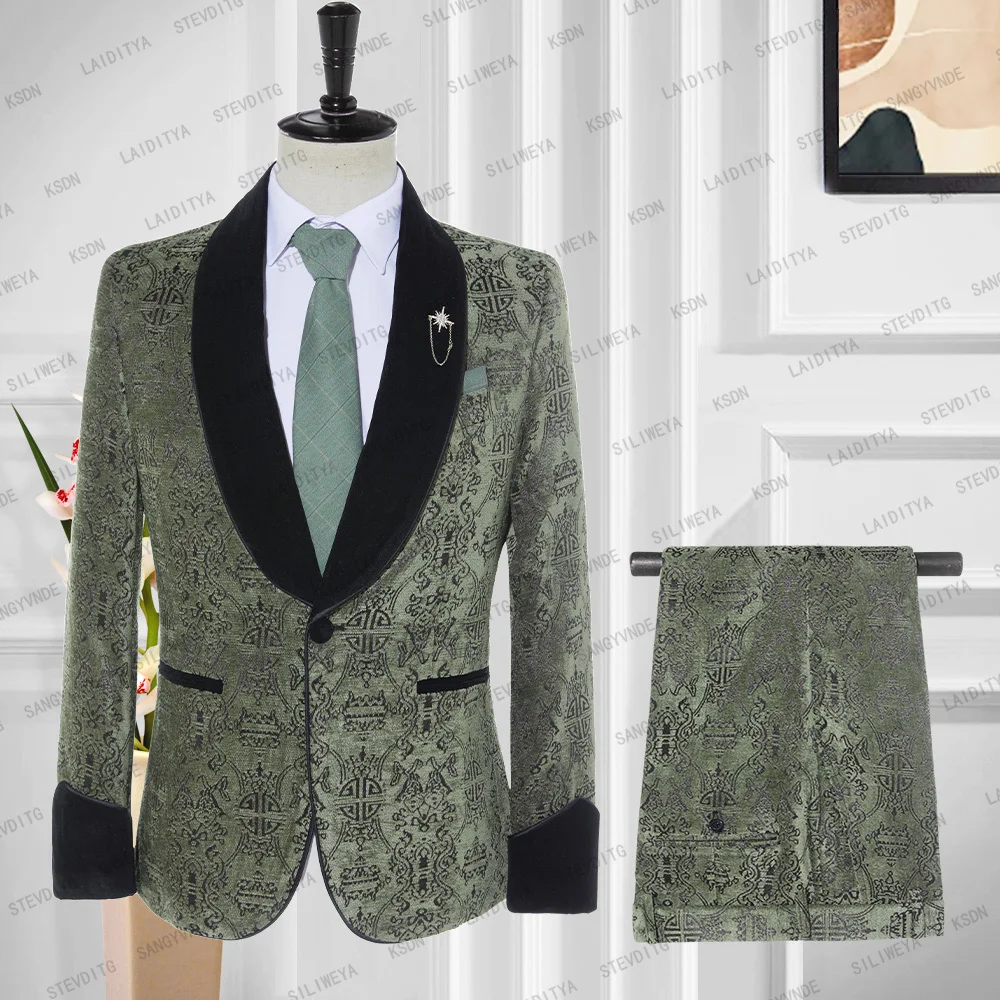 

2023 New Men Wedding 2Pcs Green Reto Classic Pattern Corduroy Black Velvet Shawl Lapel Jacket Set Pants Fashion Slim Fit Suits