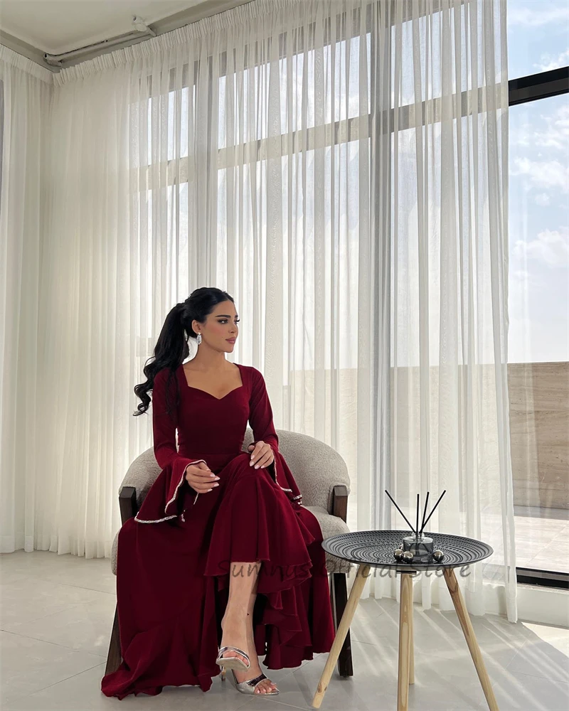 SUMNUS Vintage Burgundy Evening Dresses Saudi Arabic Women Flare Long Sleeves Ruffles Shiny Prom Gowns Event Formal Party Dress