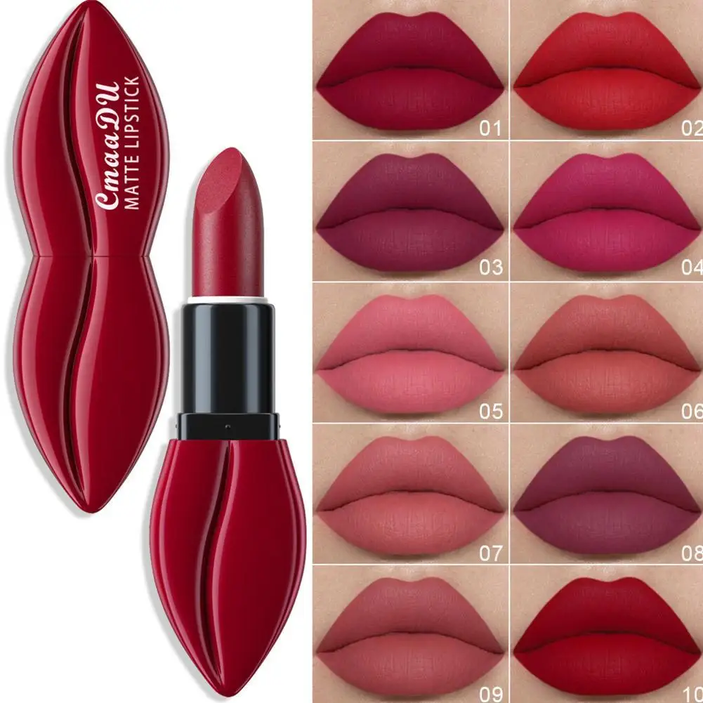 Matte Velvet Lipsticks, forma da boca, fácil de colorir, duradouro, impermeável, vermelho, batons maquiagem, cosméticos, 10 cores