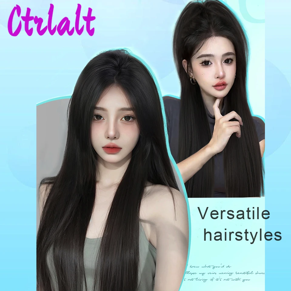 Wig sintetis hitam rambut palsu lurus panjang untuk wanita, Wig bagian tengah untuk pesta Cosplay rambut palsu tahan panas