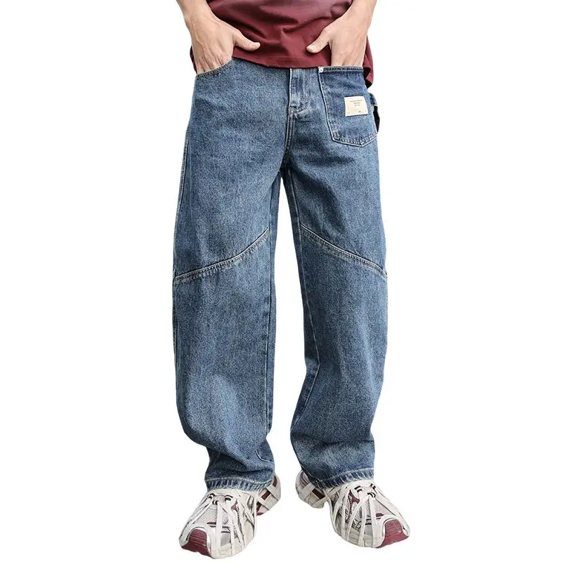 New Fashion Jeans Men Straight Leg Spliced Denim Pants Spring Male's Vintage Blue Pants