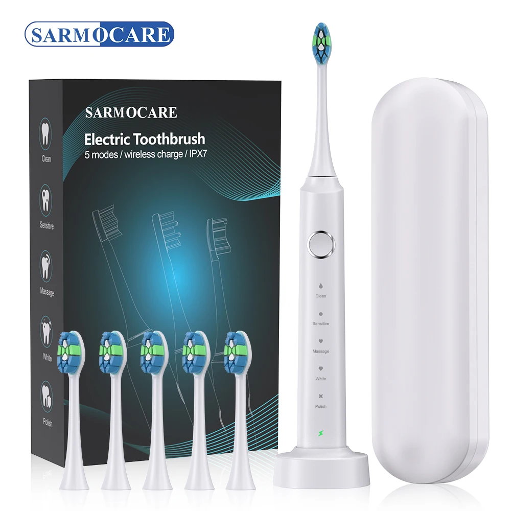 Sonic Electric Toothbrush Wireless Base Charging 5 Patterns 5 Replacemet brush head Waterproof Tooth Cleaning Tool Couple Set