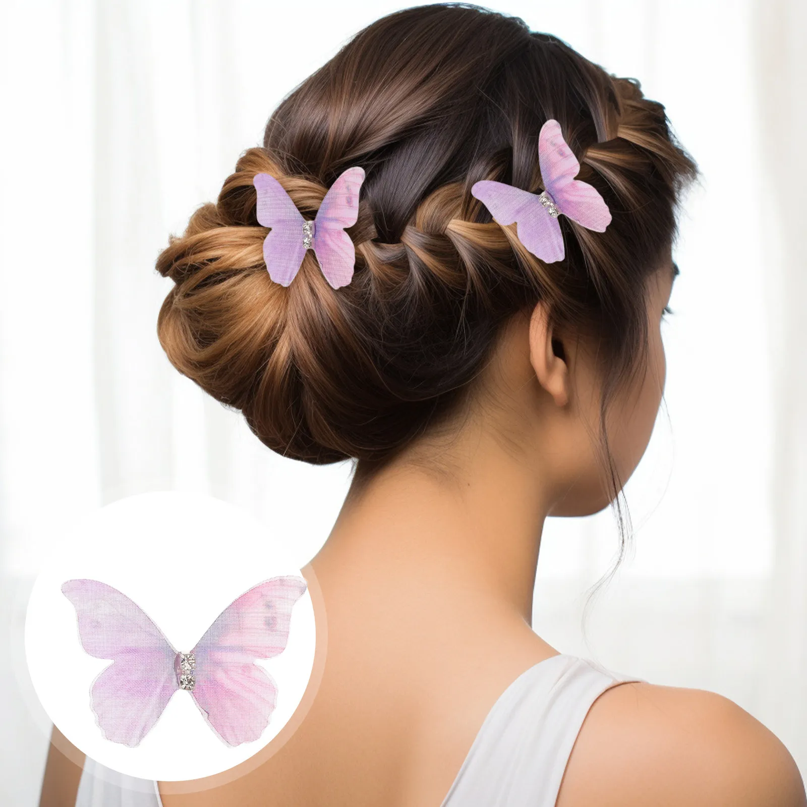 

100pcs Mini Tulle Butterfly Hair Clips Double Layer 3D Purple Rhinestone Barrettes For Women Teens Ancient Costume Cosplay Han