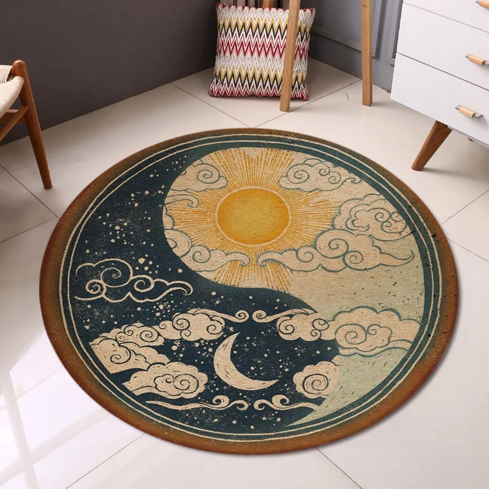 Round Yin Yang Sun Moon Taiji Pattern Rug Non-Slip Circle Carpet with Cloud Design for Meditation Room Home Decor Blue Yellow