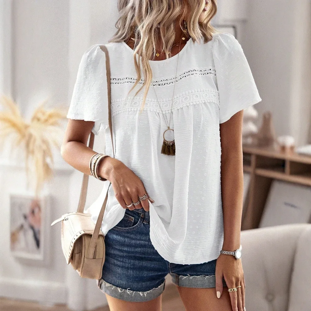 

Женские блузки, летние повседневные приличные однотонные офисные женские блузки с коротким рукавом и круглым вырезом