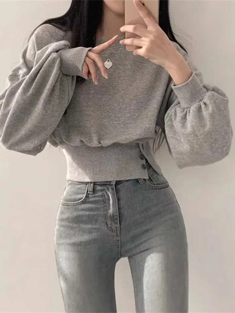 Autumn Sweatshirt Women Harajuku Crop Long Sleeve Top Female Korean Chic Sporty Hoodies Ladies Vintage Casual Button Sweatshirts