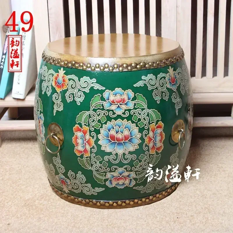 Vintage Solid Wood Round Bench Chinese Style Handpainted Cowhide Drum Stool Living Room Movable Sofa Chair Shoe Changing Seating