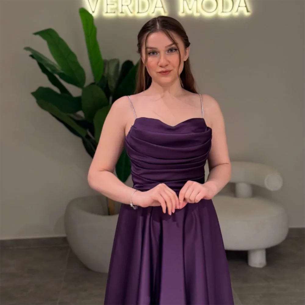 Customized A-Line Prom Dresses Tea-Lengh Spaghetti Strap Sleeveless Evening Dresses Simple Draped Fashion Pleat Sexy Backless