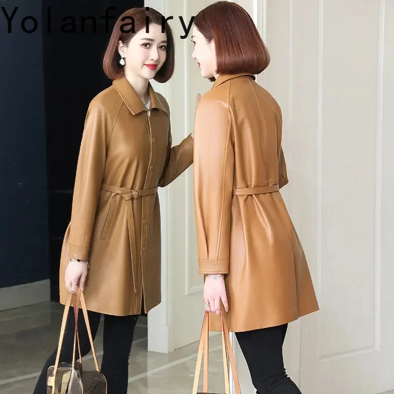 Blouson mi-long en cuir véritable pour femme, streetwear coréen, peau de mouton véritable, slim, 2024