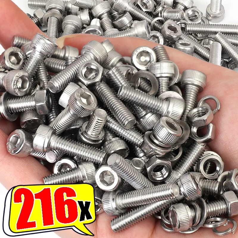 

216pcs/box M5 Stainless Steel Hexagon Hex Socket Cap Head Screw Kit Flat Washers Assortment Kit Flat Gasket Rings Nuts Hardware